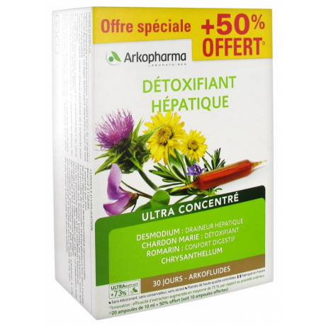 Arkofluides Détoxifiant Hépatique 20 Ampoules + 10 Ampoules Offertes