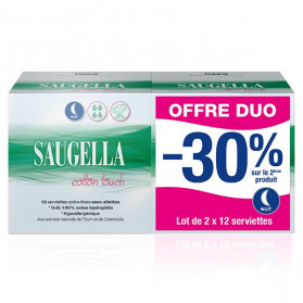 Saugella Cotton Touch Serviettes Extra Fines Nuit Avec Ailettes Lot de 2 x 12 protections