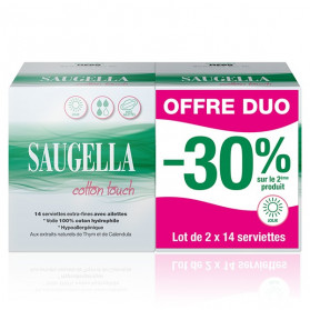 Saugella Cotton Touch Serviettes Extra Fines Jour avec Ailettes Lot de 2 x 14 protections